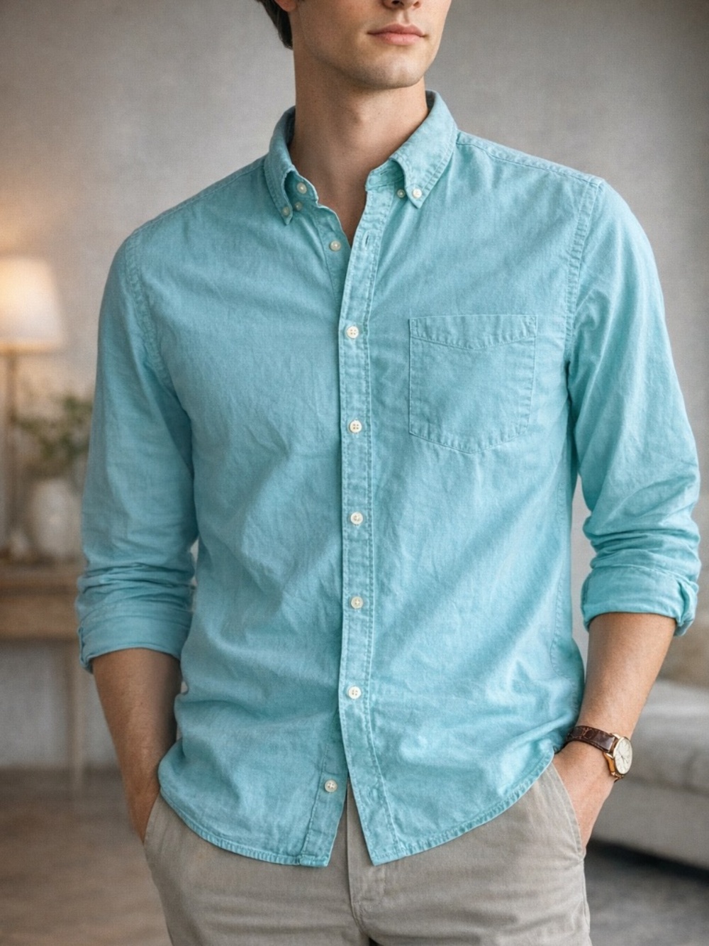 Minimalist Capsule Wardrobe Light Aqua Cotton‎ Button Down Shirt